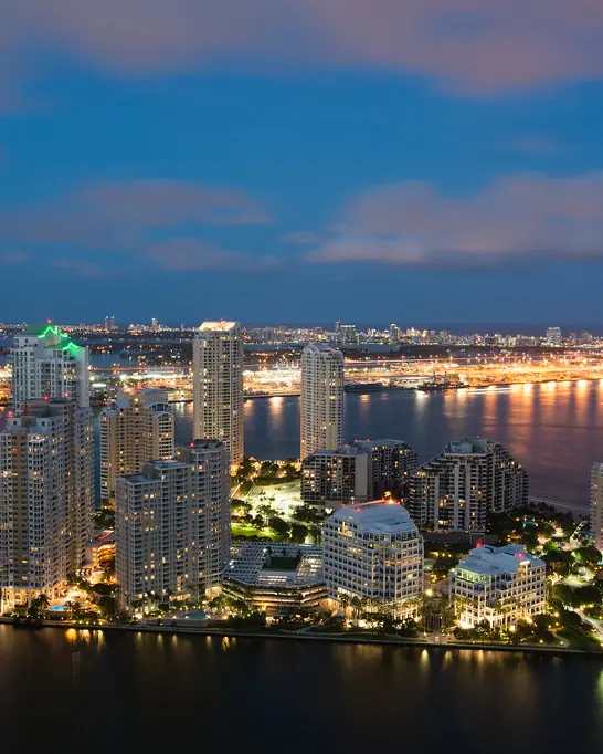 Miami waterfront at dusk from the air